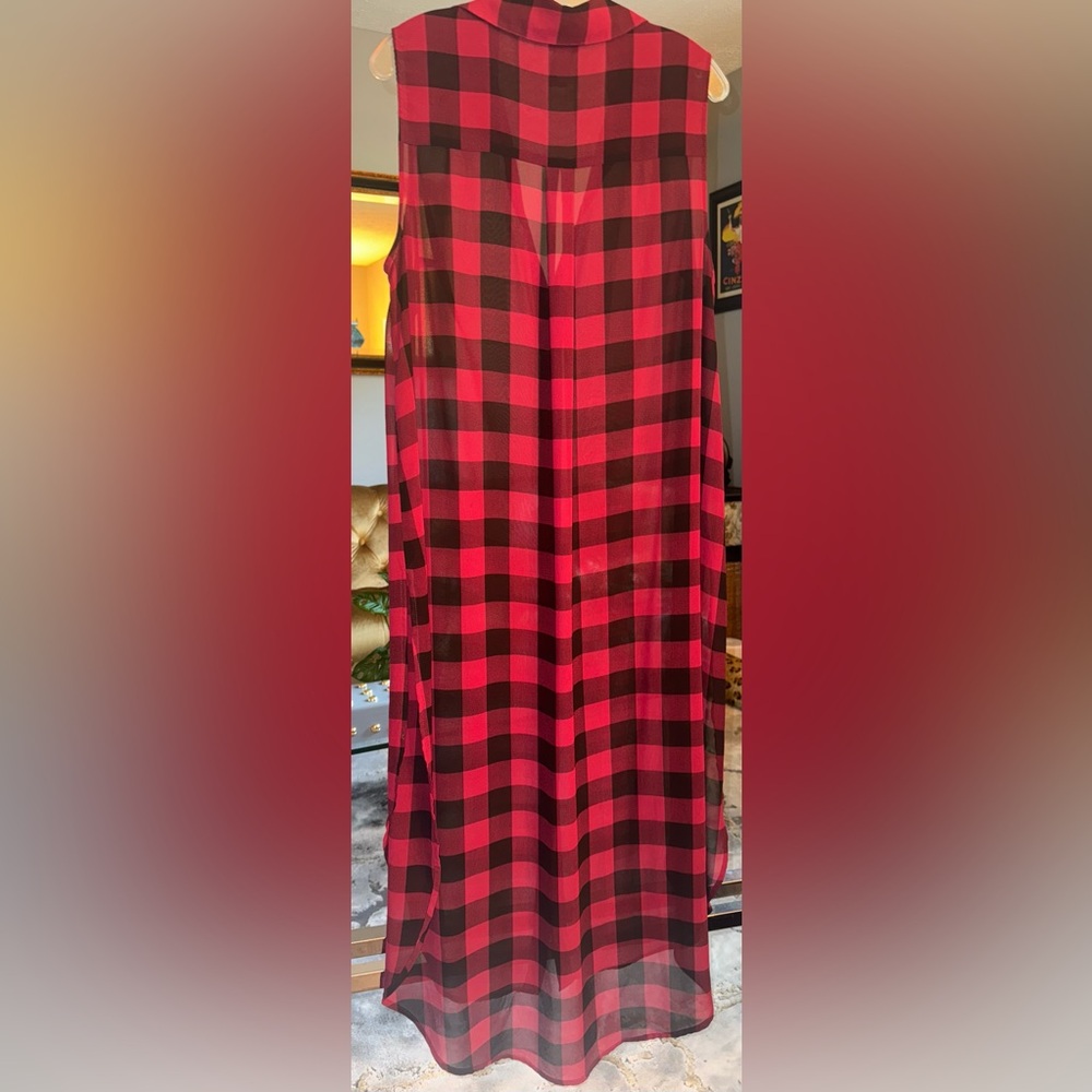 Torrid 0(12/L) Buffalo Plaid Tunic, Chiffon, Red/Black, EUC - Picture 2 of 6